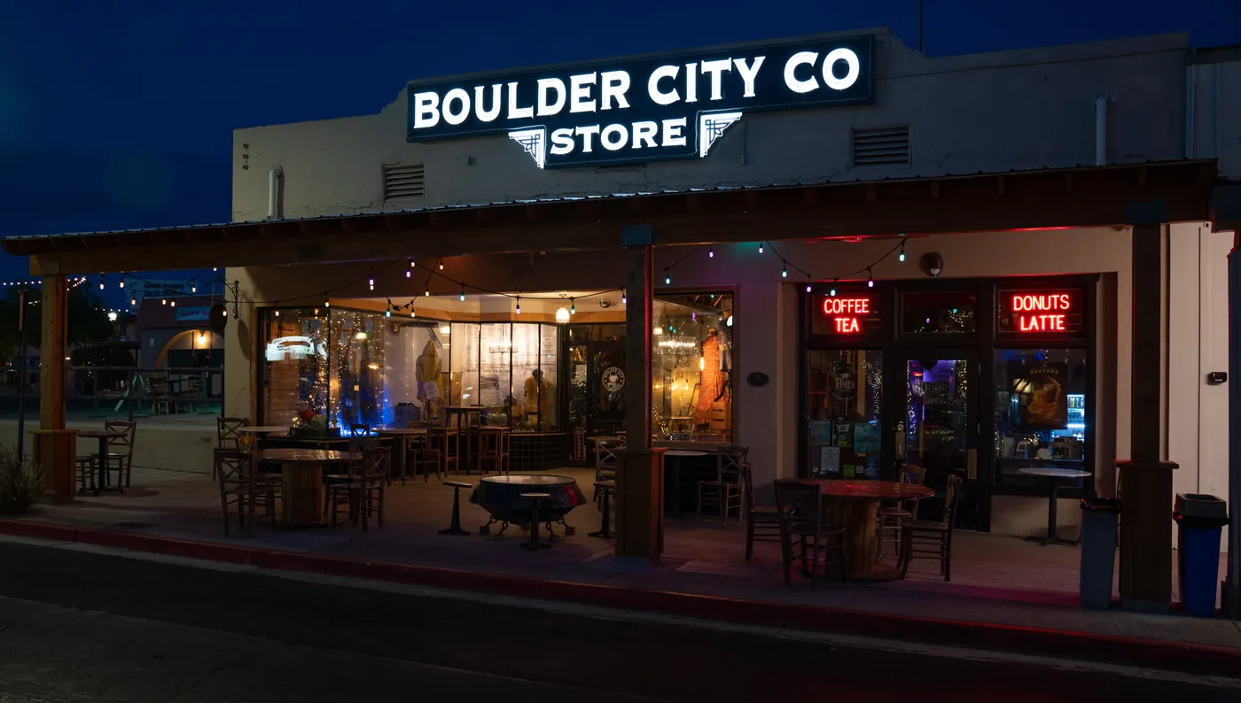 Boulder City Co. store lit up at blue hour in downtown Boulder City, Nevada